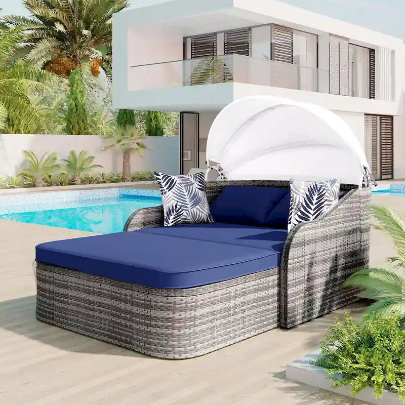 79.9 Outdoor PE Rattan Daybed with Adjustable Canopy
