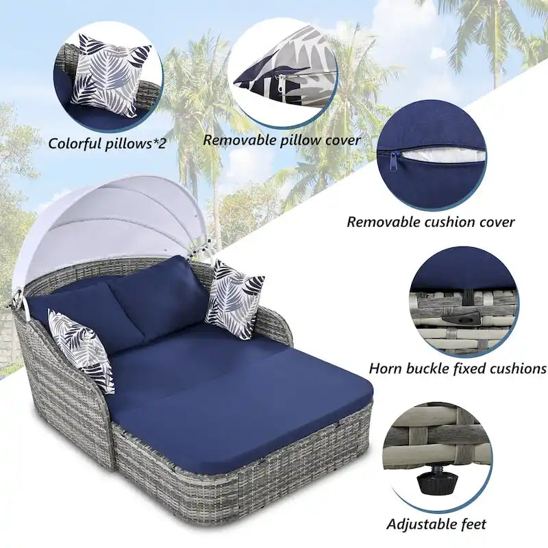 79.9 Outdoor PE Rattan Daybed with Adjustable Canopy