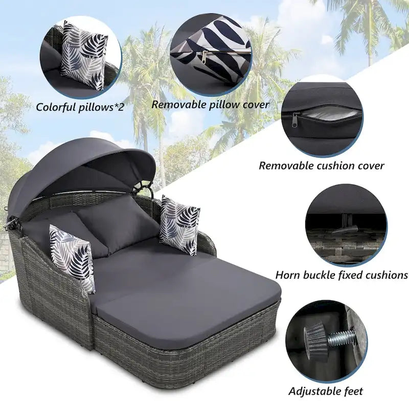 79.9 Outdoor PE Rattan Daybed with Adjustable Canopy