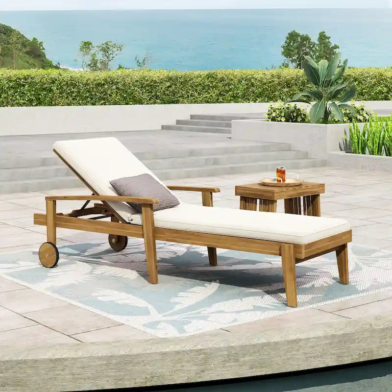 Outdoor Wood Chaise Lounge Single Chair with Wheels, Adjustable Backrest Recliner Sun Lounger for Pool Poolside Backyard