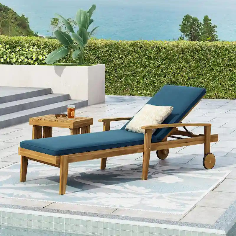 Outdoor Wood Chaise Lounge Single Chair with Wheels, Adjustable Backrest Recliner Sun Lounger for Pool Poolside Backyard
