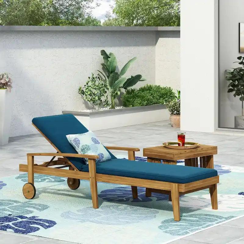 Outdoor Wood Chaise Lounge Single Chair with Wheels, Adjustable Backrest Recliner Sun Lounger for Pool Poolside Backyard