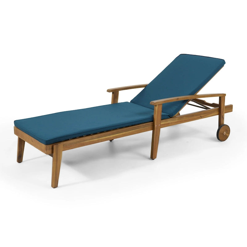 Outdoor Wood Chaise Lounge Single Chair with Wheels, Adjustable Backrest Recliner Sun Lounger for Pool Poolside Backyard