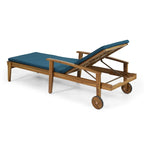 Outdoor Wood Chaise Lounge Single Chair with Wheels, Adjustable Backrest Recliner Sun Lounger for Pool Poolside Backyard