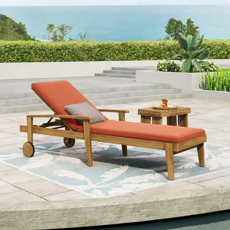 Outdoor Wood Chaise Lounge Single Chair with Wheels, Adjustable Backrest Recliner Sun Lounger for Pool Poolside Backyard
