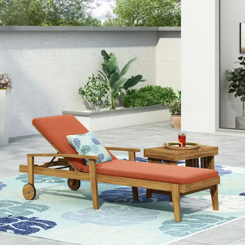 Outdoor Wood Chaise Lounge Single Chair with Wheels, Adjustable Backrest Recliner Sun Lounger for Pool Poolside Backyard