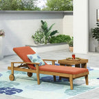 Outdoor Wood Chaise Lounge Single Chair with Wheels, Adjustable Backrest Recliner Sun Lounger for Pool Poolside Backyard