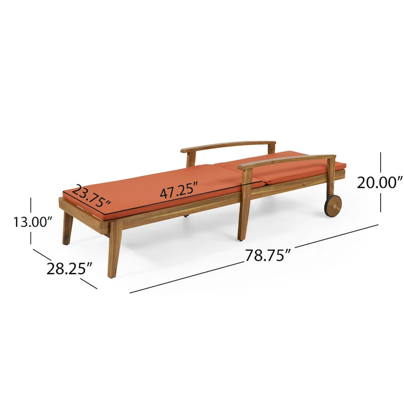 Outdoor Wood Chaise Lounge Single Chair with Wheels, Adjustable Backrest Recliner Sun Lounger for Pool Poolside Backyard