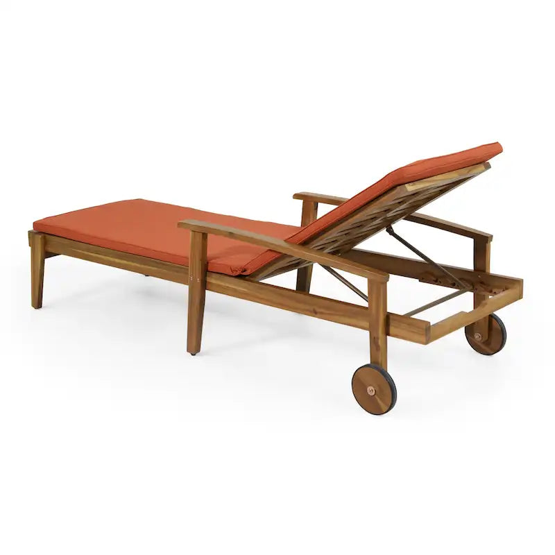 Outdoor Wood Chaise Lounge Single Chair with Wheels, Adjustable Backrest Recliner Sun Lounger for Pool Poolside Backyard