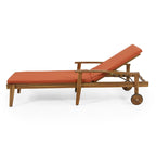 Outdoor Wood Chaise Lounge Single Chair with Wheels, Adjustable Backrest Recliner Sun Lounger for Pool Poolside Backyard