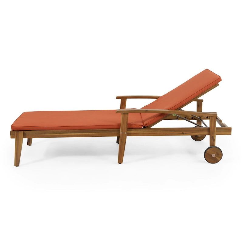 Outdoor Wood Chaise Lounge Single Chair with Wheels, Adjustable Backrest Recliner Sun Lounger for Pool Poolside Backyard