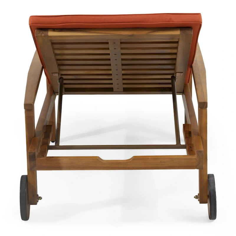 Outdoor Wood Chaise Lounge Single Chair with Wheels, Adjustable Backrest Recliner Sun Lounger for Pool Poolside Backyard