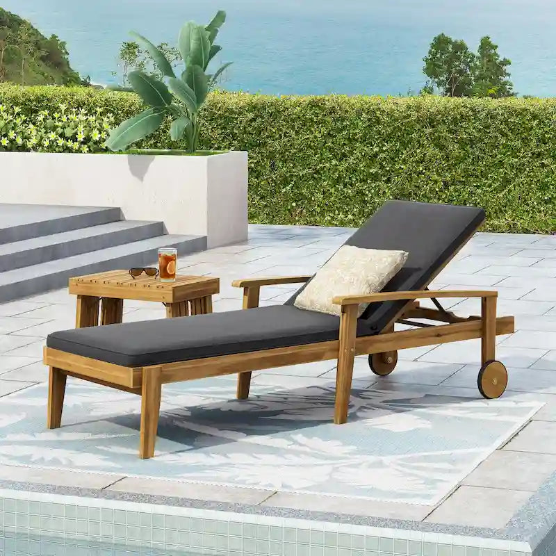 Outdoor Wood Chaise Lounge Single Chair with Wheels, Adjustable Backrest Recliner Sun Lounger for Pool Poolside Backyard