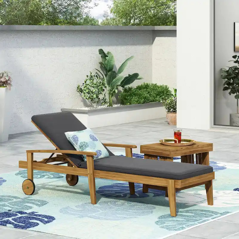 Outdoor Wood Chaise Lounge Single Chair with Wheels, Adjustable Backrest Recliner Sun Lounger for Pool Poolside Backyard