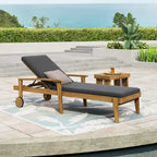 Outdoor Wood Chaise Lounge Single Chair with Wheels, Adjustable Backrest Recliner Sun Lounger for Pool Poolside Backyard