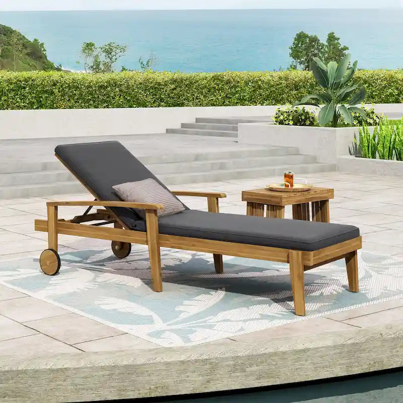 Outdoor Wood Chaise Lounge Single Chair with Wheels, Adjustable Backrest Recliner Sun Lounger for Pool Poolside Backyard