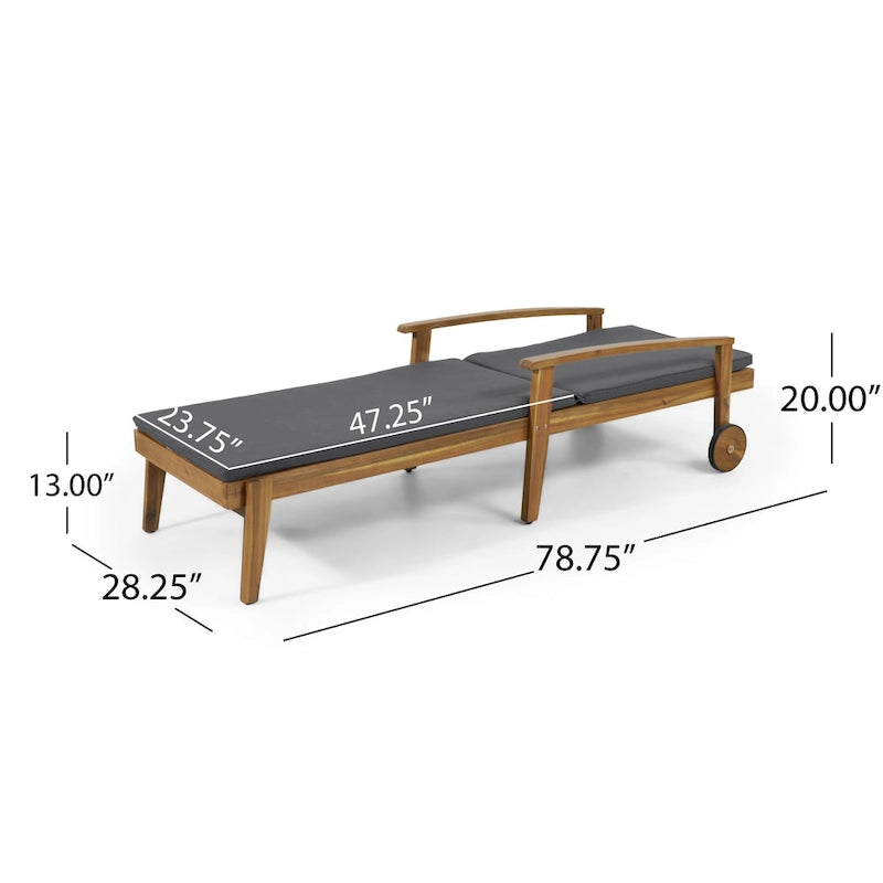 Outdoor Wood Chaise Lounge Single Chair with Wheels, Adjustable Backrest Recliner Sun Lounger for Pool Poolside Backyard