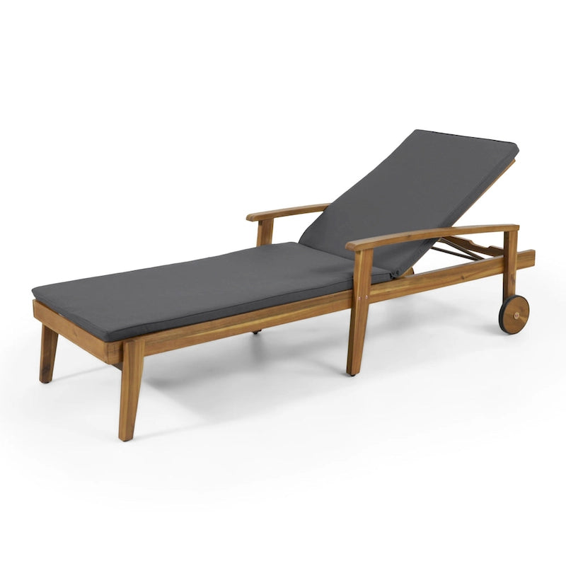 Outdoor Wood Chaise Lounge Single Chair with Wheels, Adjustable Backrest Recliner Sun Lounger for Pool Poolside Backyard