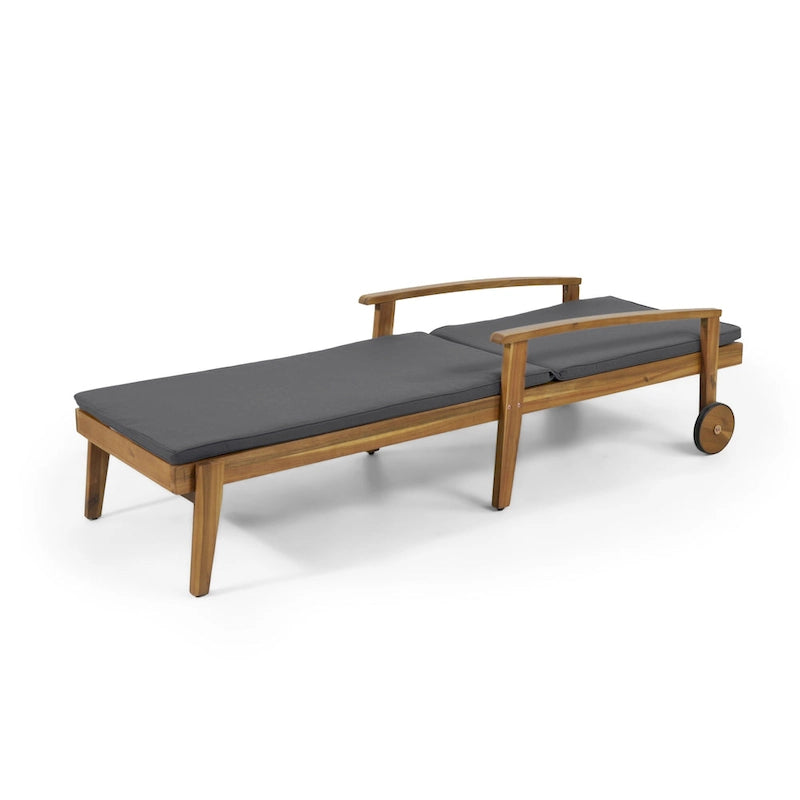 Outdoor Wood Chaise Lounge Single Chair with Wheels, Adjustable Backrest Recliner Sun Lounger for Pool Poolside Backyard