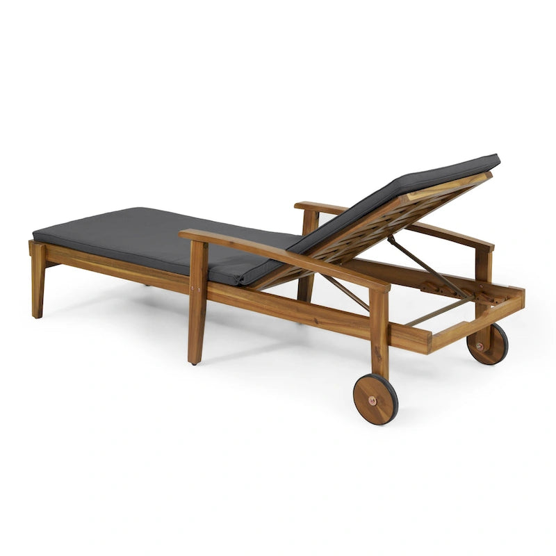 Outdoor Wood Chaise Lounge Single Chair with Wheels, Adjustable Backrest Recliner Sun Lounger for Pool Poolside Backyard