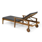 Outdoor Wood Chaise Lounge Single Chair with Wheels, Adjustable Backrest Recliner Sun Lounger for Pool Poolside Backyard