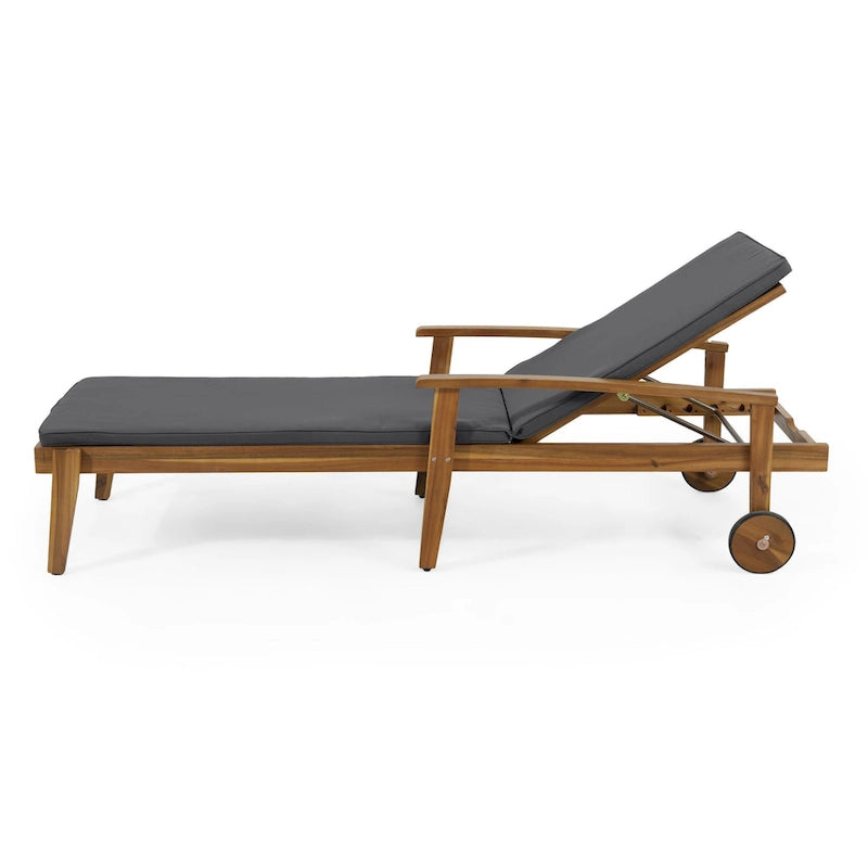 Outdoor Wood Chaise Lounge Single Chair with Wheels, Adjustable Backrest Recliner Sun Lounger for Pool Poolside Backyard