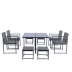9 Pieces Outdoor Patio Dining Table Set with 4 Rattan Chairs and 4 Ottomans, Removable Cushions, Glass Table Top