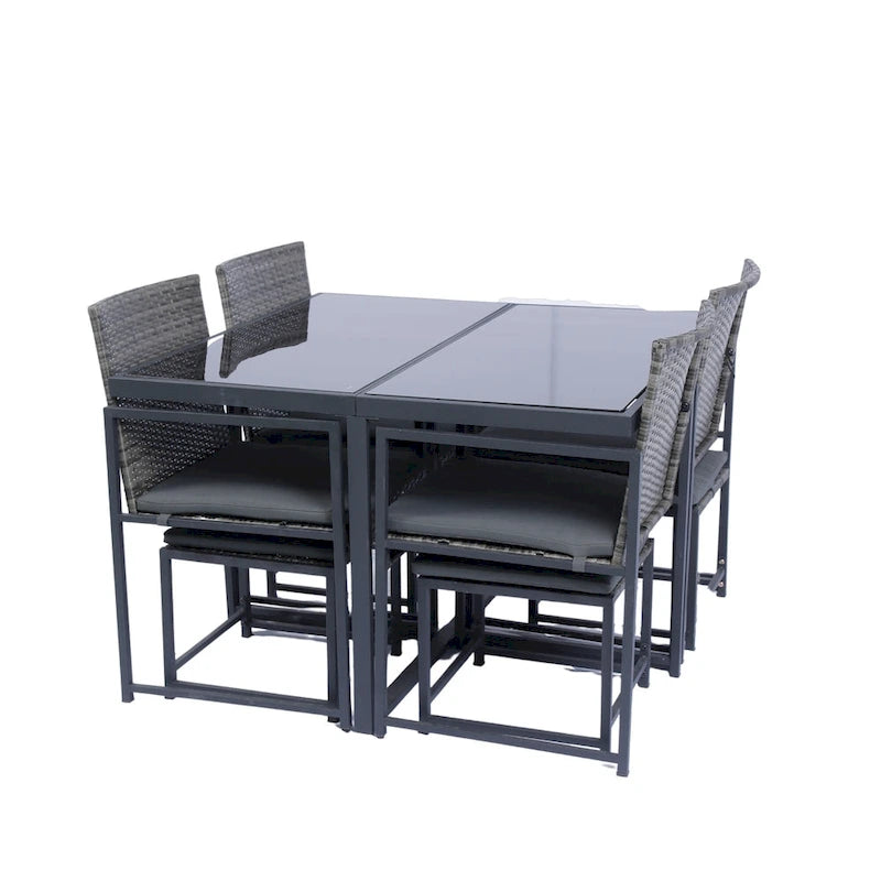 9 Pieces Outdoor Patio Dining Table Set with 4 Rattan Chairs and 4 Ottomans, Removable Cushions, Glass Table Top