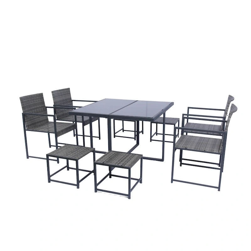 9 Pieces Outdoor Patio Dining Table Set with 4 Rattan Chairs and 4 Ottomans, Removable Cushions, Glass Table Top