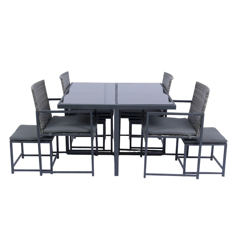 9 Pieces Outdoor Patio Dining Table Set with 4 Rattan Chairs and 4 Ottomans, Removable Cushions, Glass Table Top