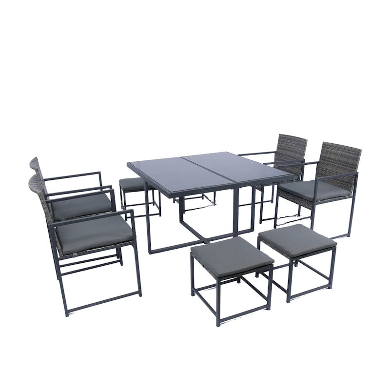 9 Pieces Outdoor Patio Dining Table Set with 4 Rattan Chairs and 4 Ottomans, Removable Cushions, Glass Table Top