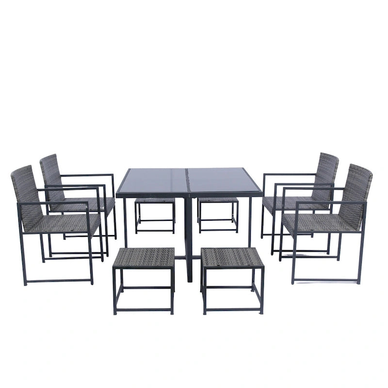 9 Pieces Outdoor Patio Dining Table Set with 4 Rattan Chairs and 4 Ottomans, Removable Cushions, Glass Table Top