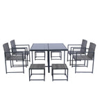 9 Pieces Outdoor Patio Dining Table Set with 4 Rattan Chairs and 4 Ottomans, Removable Cushions, Glass Table Top