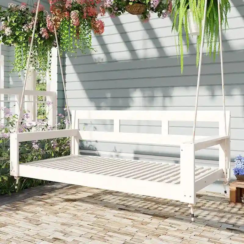 Twin Size Wooden Porch Swing Daybed - Outdoor Hanging Rope Swing with 600lb Weight Capacity for Patio, Garden, Backyard