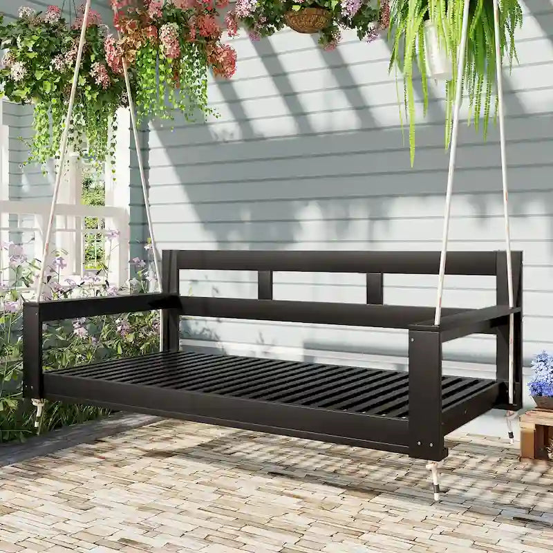 Twin Size Wooden Porch Swing Daybed - Outdoor Hanging Rope Swing with 600lb Weight Capacity for Patio, Garden, Backyard