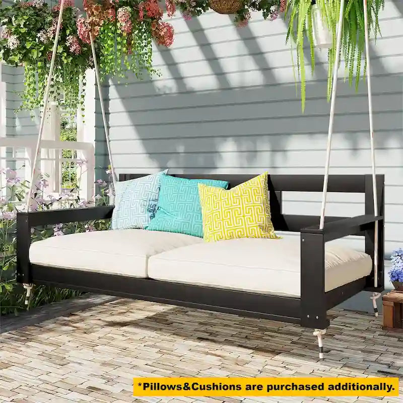 Twin Size Wooden Porch Swing Daybed - Outdoor Hanging Rope Swing with 600lb Weight Capacity for Patio, Garden, Backyard
