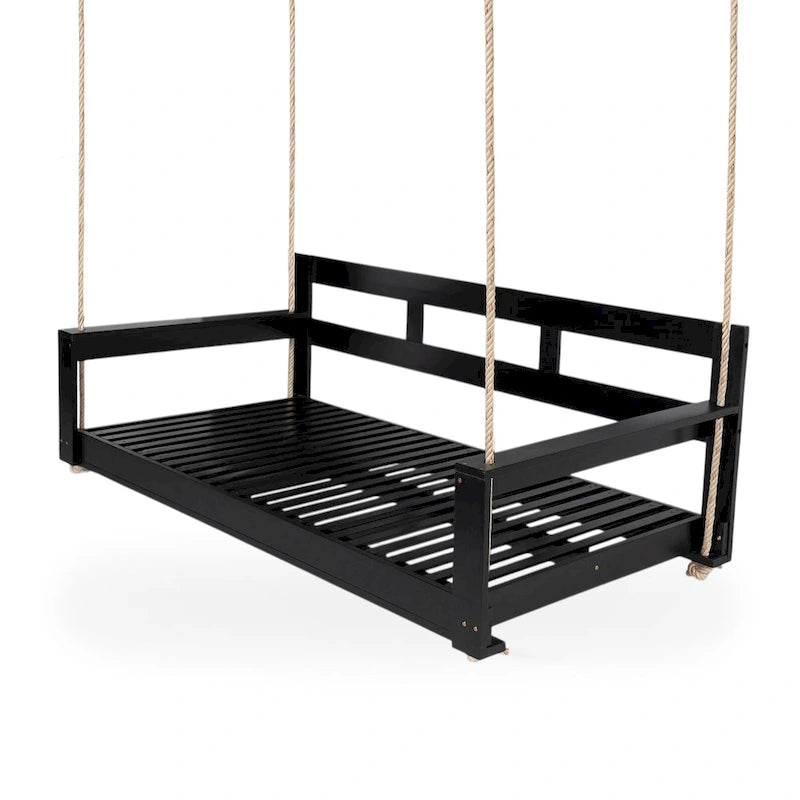 Twin Size Wooden Porch Swing Daybed - Outdoor Hanging Rope Swing with 600lb Weight Capacity for Patio, Garden, Backyard