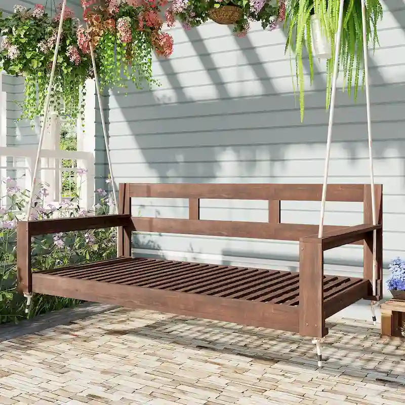 Twin Size Wooden Porch Swing Daybed - Outdoor Hanging Rope Swing with 600lb Weight Capacity for Patio, Garden, Backyard