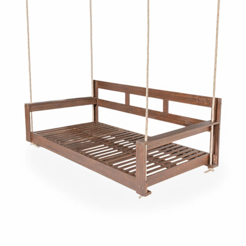 Twin Size Wooden Porch Swing Daybed - Outdoor Hanging Rope Swing with 600lb Weight Capacity for Patio, Garden, Backyard