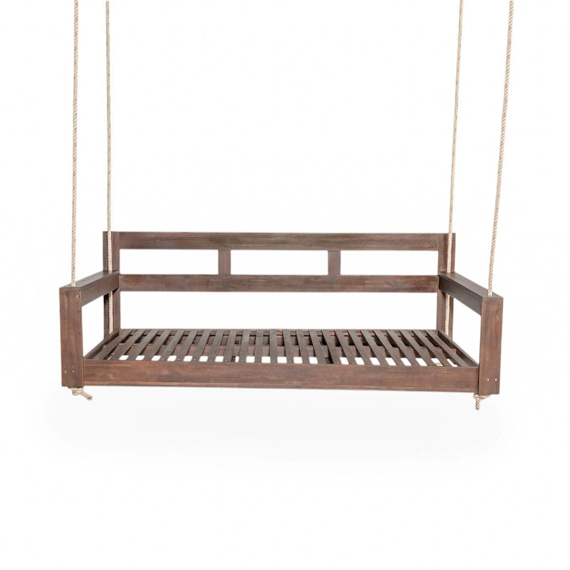 Twin Size Wooden Porch Swing Daybed - Outdoor Hanging Rope Swing with 600lb Weight Capacity for Patio, Garden, Backyard