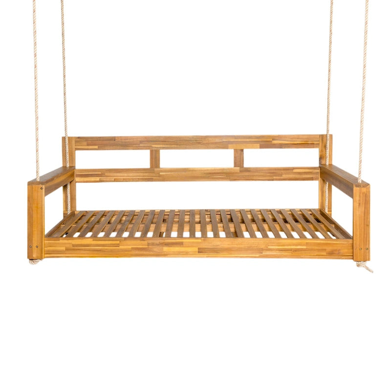 Twin Size Wooden Porch Swing Daybed - Outdoor Hanging Rope Swing with 600lb Weight Capacity for Patio, Garden, Backyard