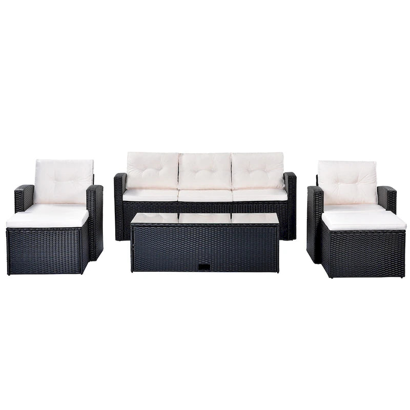 6-Piece Outdoor Wicker Sofa Set for 7 with Beige Cushions