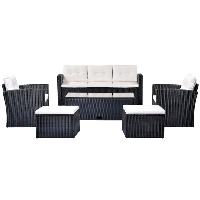 6-Piece Outdoor Wicker Sofa Set for 7 with Beige Cushions