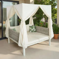 Outdoor Patio Rattan Canopy Daybed Sunbed with Curtain and Woven Rope Arm