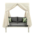 Outdoor Patio Rattan Canopy Daybed Sunbed with Curtain and Woven Rope Arm