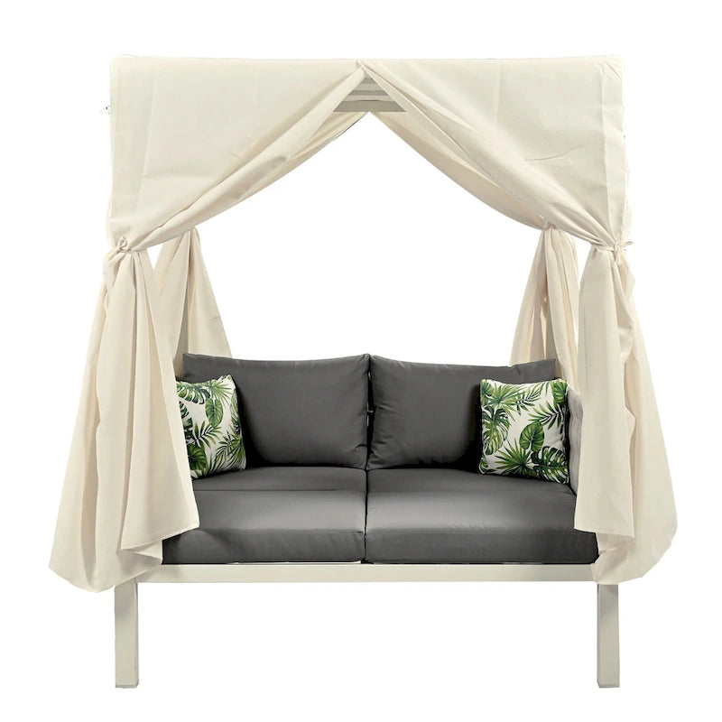 Outdoor Patio Rattan Canopy Daybed Sunbed with Curtain and Woven Rope Arm