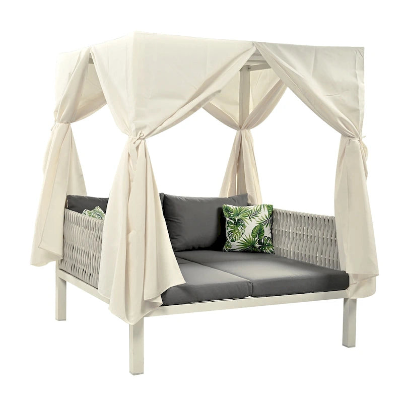 Outdoor Patio Rattan Canopy Daybed Sunbed with Curtain and Woven Rope Arm