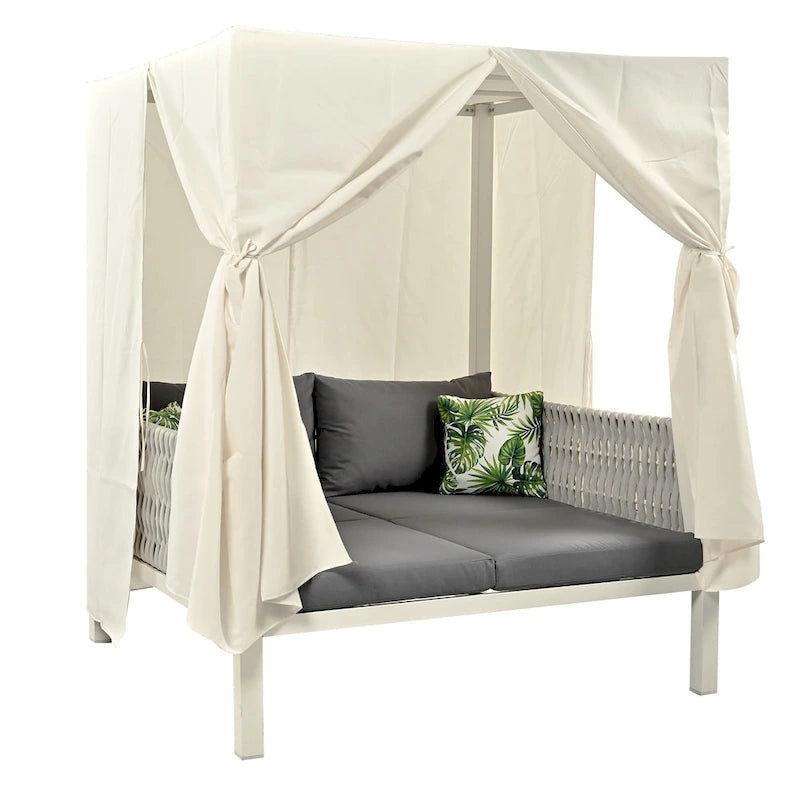 Outdoor Patio Rattan Canopy Daybed Sunbed with Curtain and Woven Rope Arm