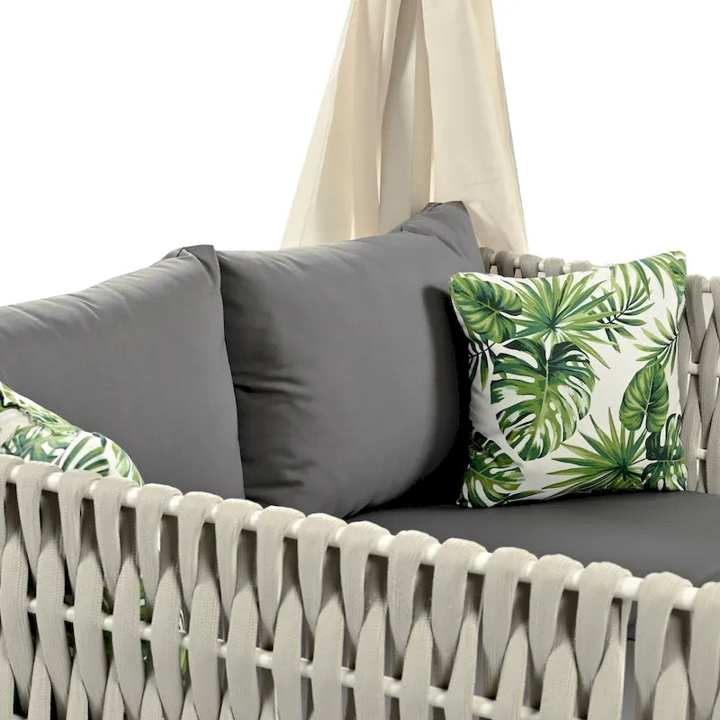 Outdoor Patio Rattan Canopy Daybed Sunbed with Curtain and Woven Rope Arm