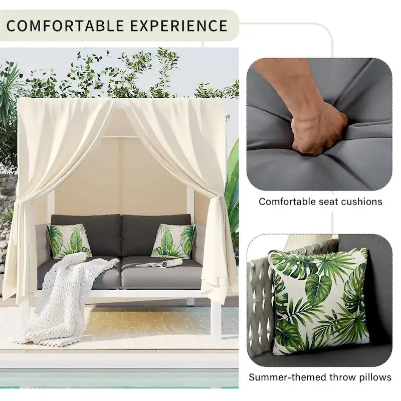 Outdoor Patio Rattan Canopy Daybed Sunbed with Curtain and Woven Rope Arm